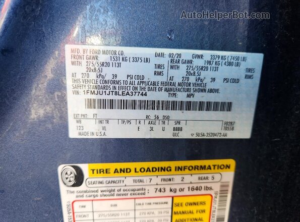 1FMJU1JT8LEA37744 2020 FORD EXPEDITION Blue 