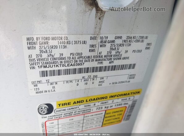1FMJU1KT0LEA03957 2020 FORD EXPEDITION Белый Вид подкапотного пространства