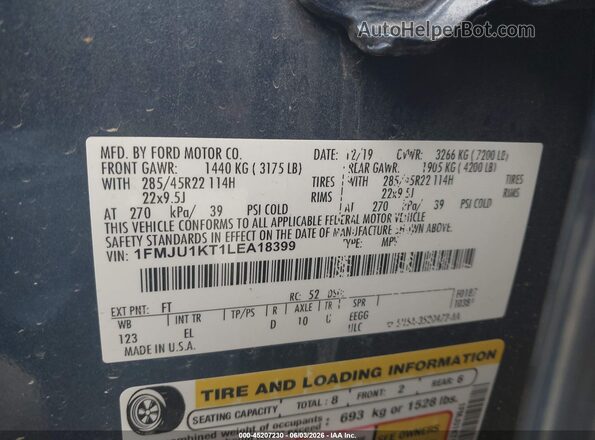 1FMJU1KT1LEA18399 2020 FORD EXPEDITION Blue Engine compartment view