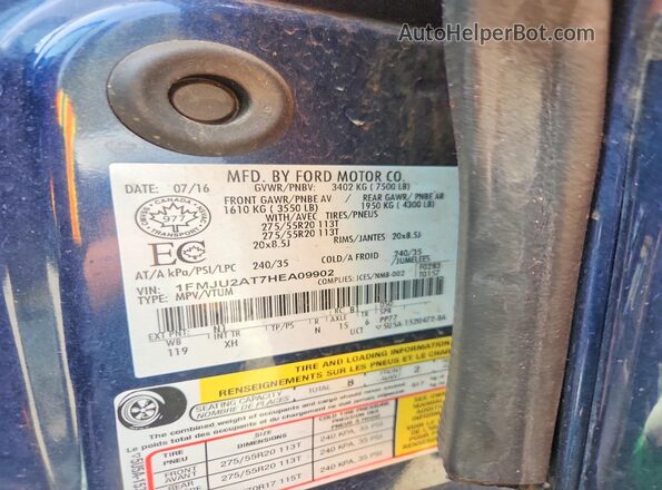 1FMJU2AT7HEA09902 2017 FORD EXPEDITION Blue Vista de la etiqueta del VIN