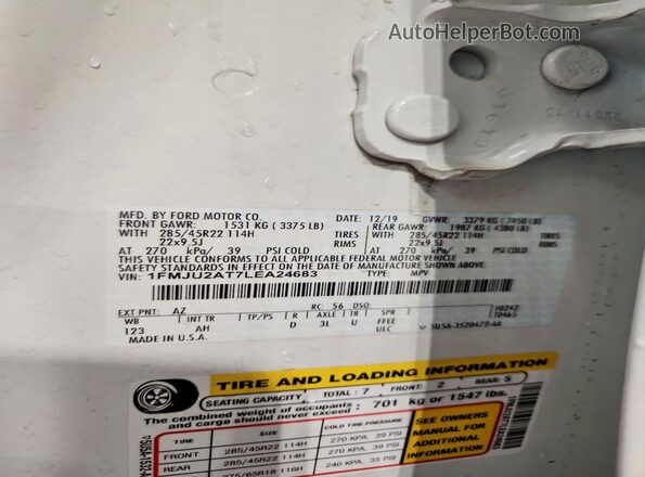 1FMJU2AT7LEA24683 2020 FORD EXPEDITION White Вид наклейки з VIN-кодом