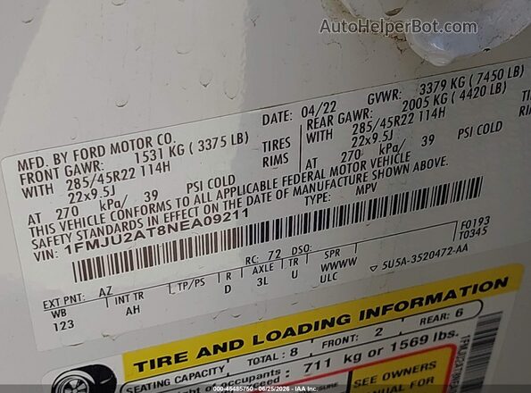 1FMJU2AT8NEA09211 2022 FORD EXPEDITION White Engine compartment view