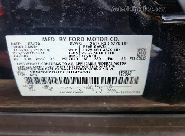 1FMSK7BH6LGC45228 2020 FORD EXPLORER Black 