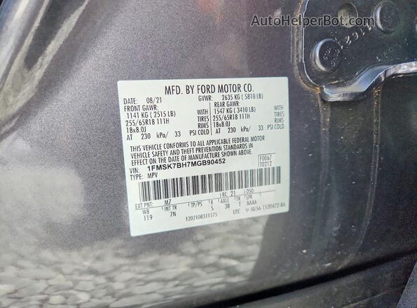 1FMSK7BH7MGB90452 2021 FORD EXPLORER Charcoal VIN კოდის სტიკერის ხედი