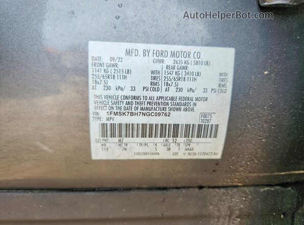 1FMSK7BH7NGC09762 2022 FORD EXPLORER Charcoal 