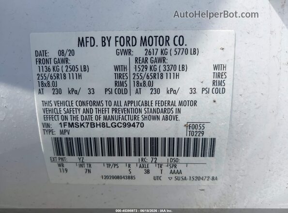1FMSK7BH8LGC99470 2020 FORD EXPLORER White Vista del compartimento del motor