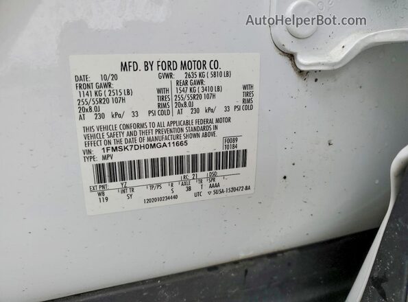 1FMSK7DH0MGA11665 2021 FORD EXPLORER White VIN կոդի պիտակի տեսք