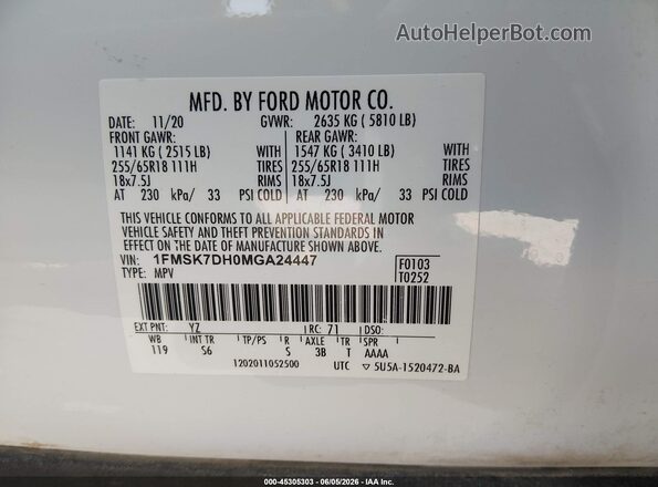 1FMSK7DH0MGA24447 2021 FORD EXPLORER Белый Вид подкапотного пространства