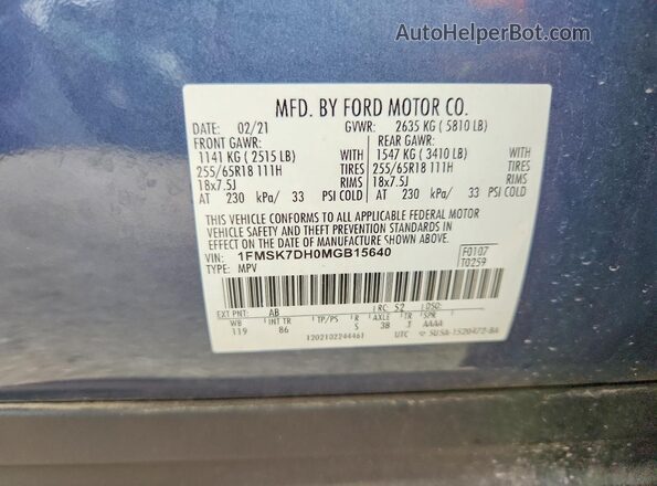 1FMSK7DH0MGB15640 2021 FORD EXPLORER Blue Vista de la etiqueta del VIN