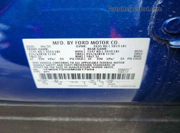 1FMSK7DH0MGB17954 2021 FORD EXPLORER Blue VIN sticker view