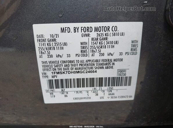 1FMSK7DH0MGC24664 2021 FORD EXPLORER Gray Widok komory silnika