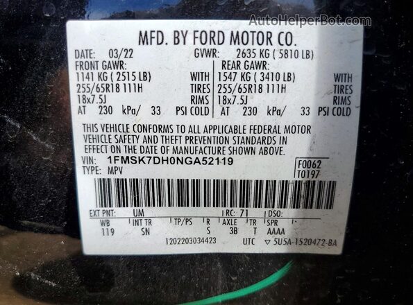 1FMSK7DH0NGA52119 2022 FORD EXPLORER Black Vista de la etiqueta del VIN