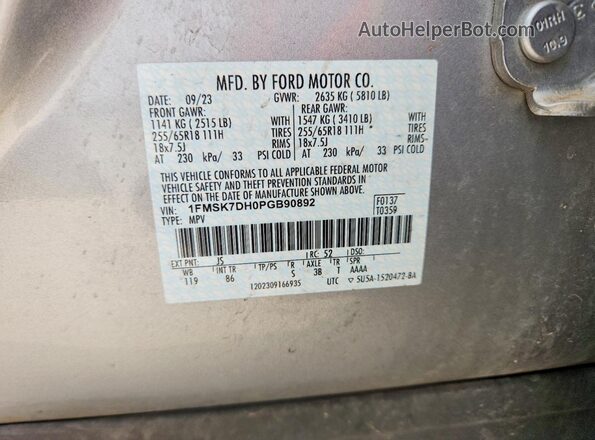 1FMSK7DH0PGB90892 2023 FORD EXPLORER Silver VIN կոդի պիտակի տեսք