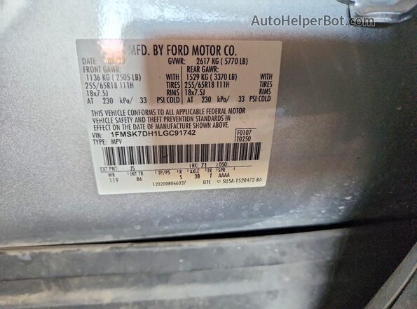 1FMSK7DH1LGC91742 2020 FORD EXPLORER Silver 