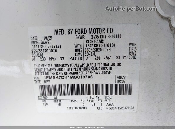 1FMSK7DH1MGC13706 2021 FORD EXPLORER White Вид підкапотного простору