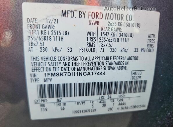 1FMSK7DH1NGA17444 2022 FORD EXPLORER Gray 