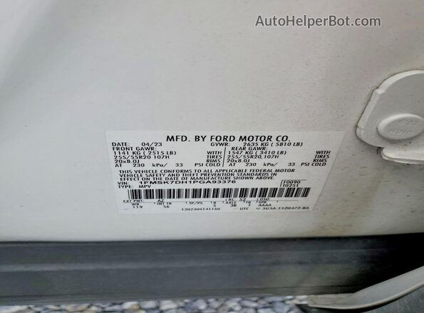 1FMSK7DH1PGA93376 2023 FORD EXPLORER White VIN կոդի պիտակի տեսք