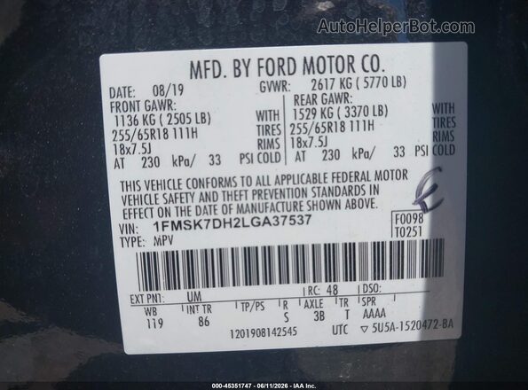 1FMSK7DH2LGA37537 2020 FORD EXPLORER Black Engine compartment view