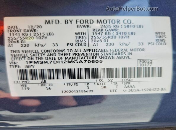 1FMSK7DH2MGA70605 2021 FORD EXPLORER Blue VIN კოდის სტიკერის ხედი