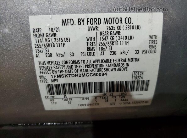 1FMSK7DH2MGC50084 2021 FORD EXPLORER Gray VIN sticker view