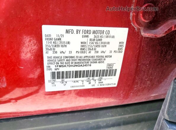 1FMSK7DH2NGA24516 2022 FORD EXPLORER Red 360 interior view
