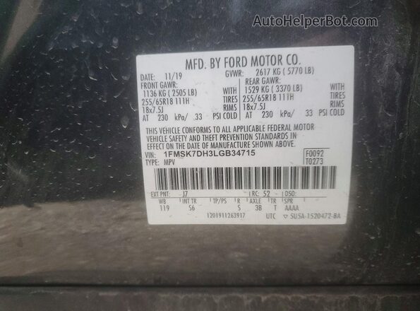 1FMSK7DH3LGB34715 2020 FORD EXPLORER Gray Widok wnętrza 360 stopni