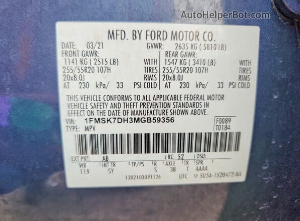 1FMSK7DH3MGB59356 2021 FORD EXPLORER Blue Вид наклейки з VIN-кодом