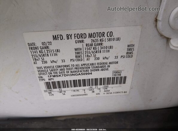 1FMSK7DH3NGA50994 2022 FORD EXPLORER White Շարժիչի բաժամունքի տեսք
