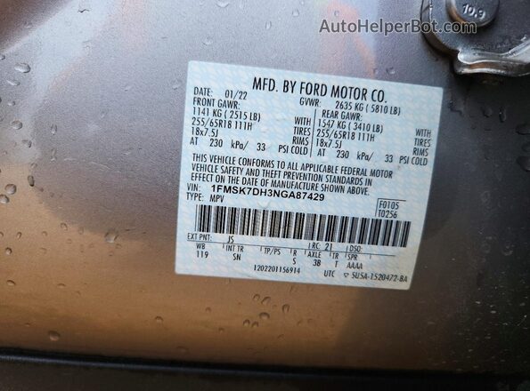 1FMSK7DH3NGA87429 2022 FORD EXPLORER Silver Вид наклейки з VIN-кодом