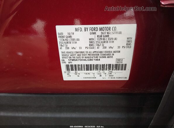1FMSK7DH4LGB01464 2020 FORD EXPLORER Red Вид підкапотного простору