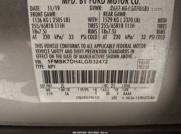 1FMSK7DH4LGB32472 2020 FORD EXPLORER Silver Вид підкапотного простору