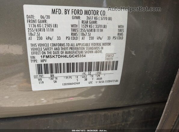 1FMSK7DH4LGC45354 2020 FORD EXPLORER Зеленый Вид подкапотного пространства