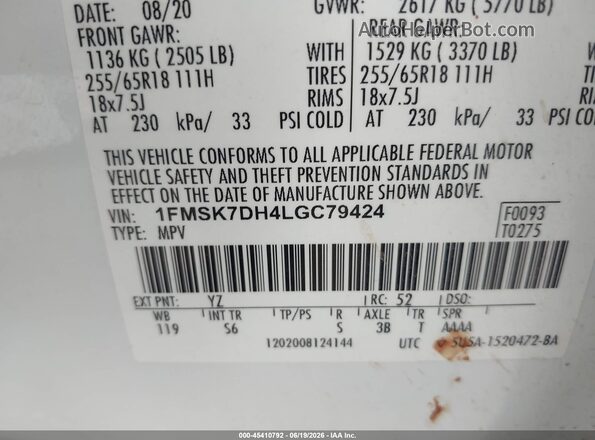 1FMSK7DH4LGC79424 2020 FORD EXPLORER White Вид підкапотного простору