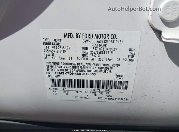 1FMSK7DH4MGB19853 2021 FORD EXPLORER White Engine compartment view