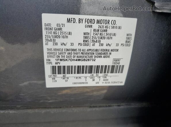 1FMSK7DH4MGB28732 2021 FORD EXPLORER Gray Вид наклейки з VIN-кодом