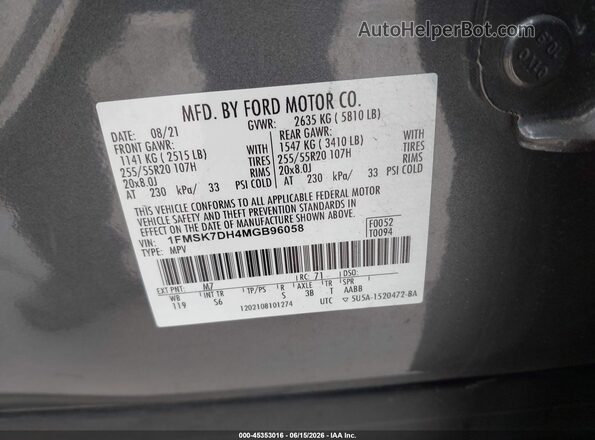 1FMSK7DH4MGB96058 2021 FORD EXPLORER Gray Widok komory silnika