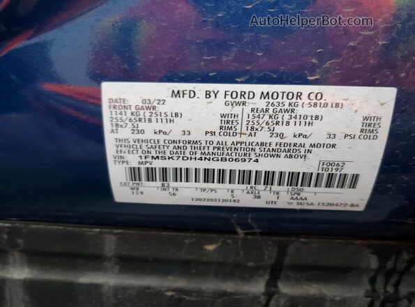 1FMSK7DH4NGB06974 2022 FORD EXPLORER Blue VIN sticker view