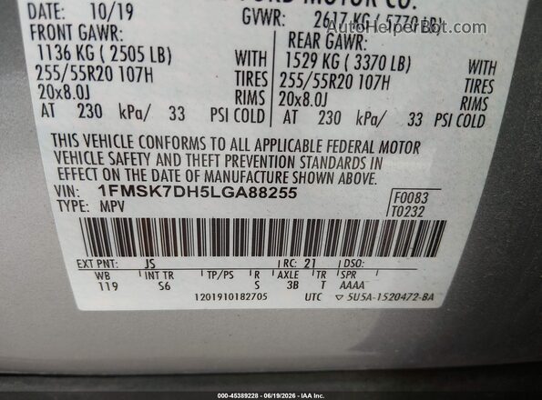 1FMSK7DH5LGA88255 2020 FORD EXPLORER Silver Engine compartment view