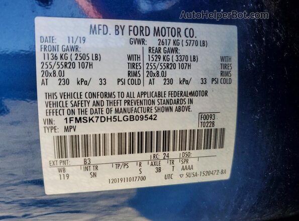 1FMSK7DH5LGB09542 2020 FORD EXPLORER Blue 