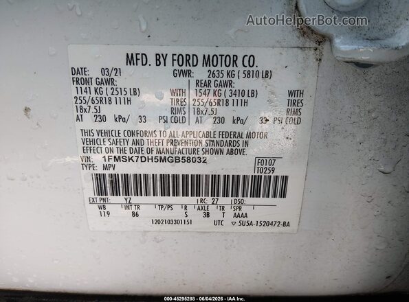 1FMSK7DH5MGB58032 2021 FORD EXPLORER White Շարժիչի բաժամունքի տեսք
