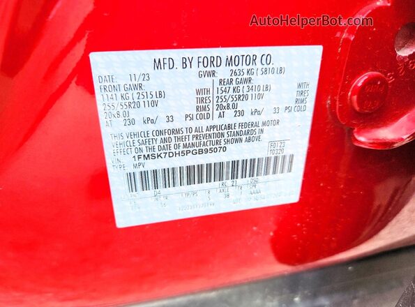 1FMSK7DH5PGB95070 2023 FORD EXPLORER Red Vista de la etiqueta del VIN