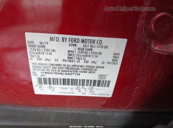 1FMSK7DH6LGA27139 2020 FORD EXPLORER Burgundy 