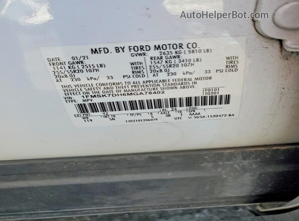 1FMSK7DH6MGA78402 2021 FORD EXPLORER White 