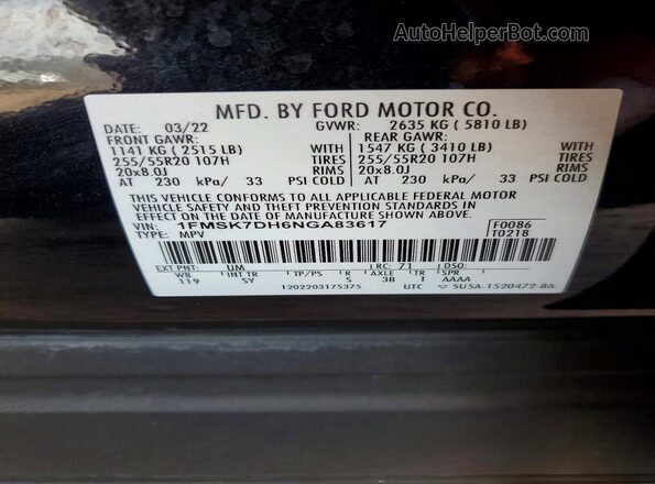 1FMSK7DH6NGA83617 2022 FORD EXPLORER Black VIN კოდის სტიკერის ხედი