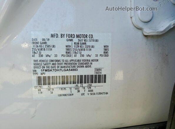 1FMSK7DH7LGA54883 2020 FORD EXPLORER Белый Вид наклейки с VIN-кодом