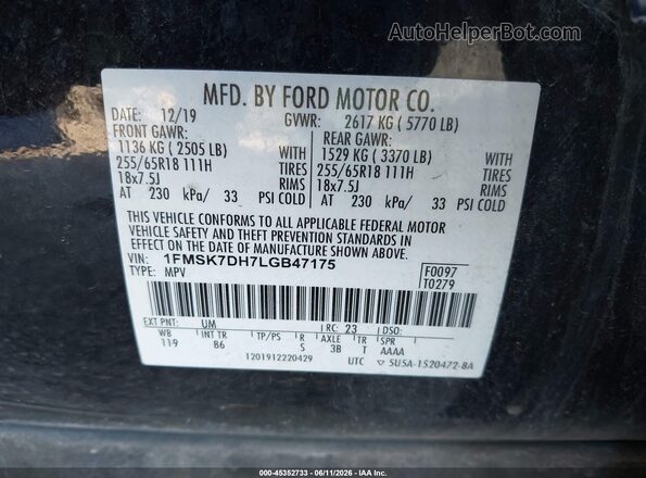 1FMSK7DH7LGB47175 2020 FORD EXPLORER Black Vista del compartimento del motor