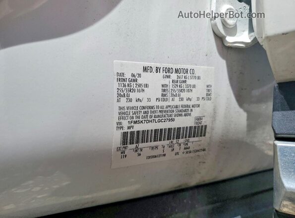 1FMSK7DH7LGC27950 2020 FORD EXPLORER Белый Панорамный вид салона 360°