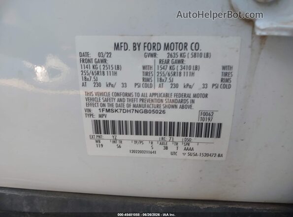 1FMSK7DH7NGB05026 2022 FORD EXPLORER White ძრავის განყოფილების ხედი