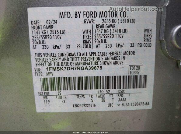 1FMSK7DH7RGA39678 2024 FORD EXPLORER Gray Widok komory silnika