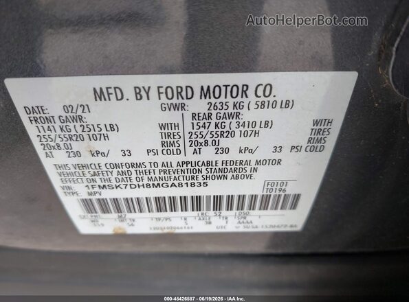 1FMSK7DH8MGA81835 2021 FORD EXPLORER Серый Вид подкапотного пространства